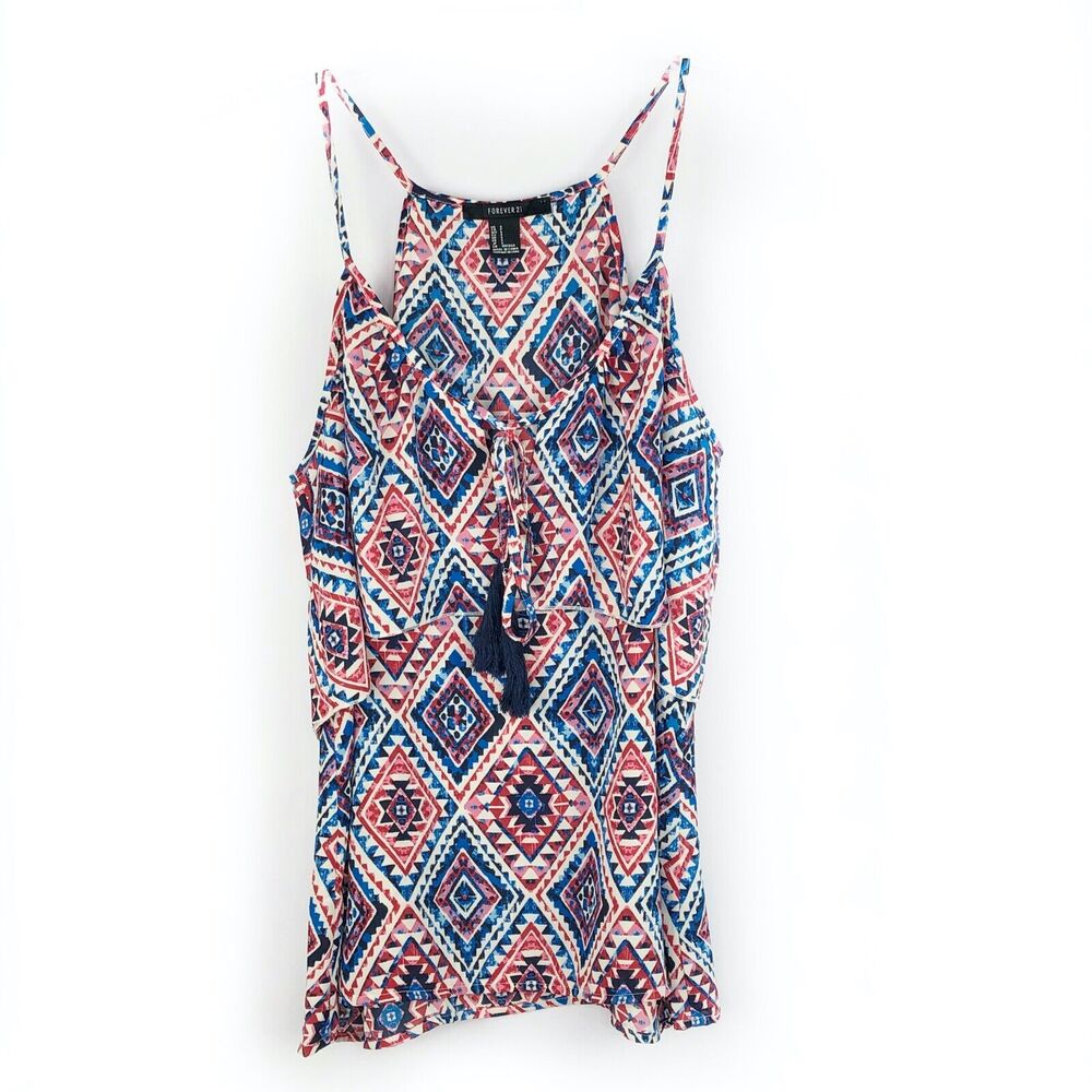 Forever 21 Red Blue Ivory Geometric Print Layered Tank Top Sz Small